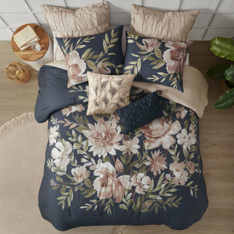 King Size 8 Piece Comforter , Navy Blue, Large Floral Print, , Steam Iron Available Shabby Chic Style, Includes Bed Skirt & Decorative Pillows