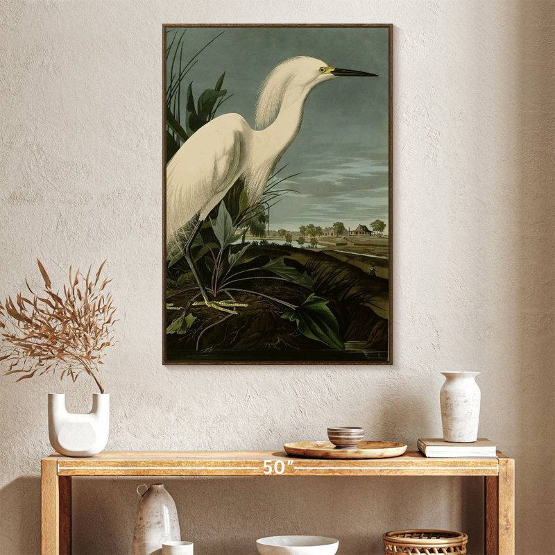 Héron enneigé ou aigrette blanche, Floating Frame Walnut, 27" x 40"