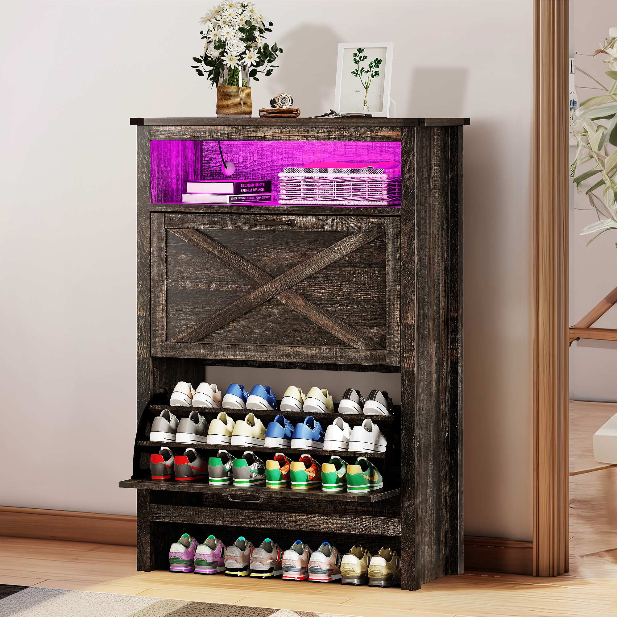 Gracie Oaks Versus Wood Tilt Out Open 24 Pair Shoe Storage Cabinet with Colorful LED Light & Reviews | Wayfair