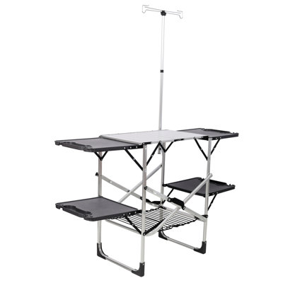 Folding Camping Kitchen Table - Portable Outdoor Cooking Station with Heat Resistant Top, 4 Side Tables, Storage Rack & Lamp Post for Picnics & Camping Trips