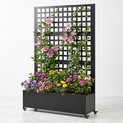 Metal Raised Garden Bed With Wheels And Trellis, 73" Tall Planter Box With Privacy Screen, Black