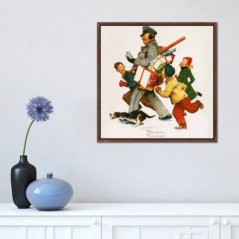 Jolly Postman by Norman Rockwell - Painting on Canvas, Classic Brown Wood Framed, 45.72 cm H x 45.72 cm W