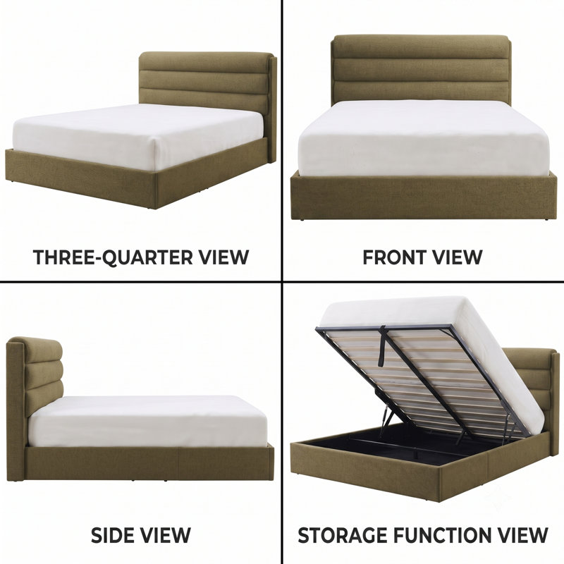 Upholstered Lift-Up Storage Platform Bed, Queen, Olive Green