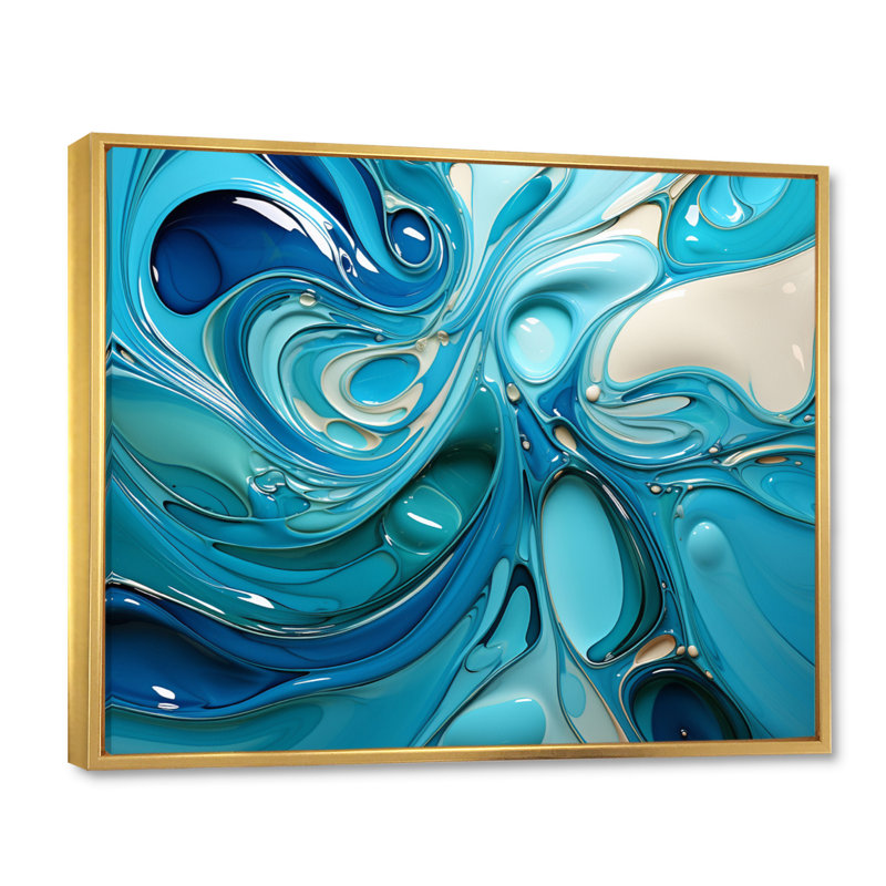 «Blue Fluid Grind II», art abstrait en marbre, H 34 po x l 44 po x P 1,5 po, Cadre flottant doré