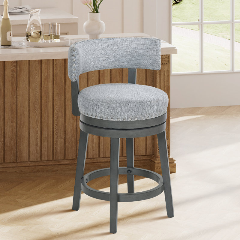 Tabouret de bar pivotant à 360 ° avec garniture cloutée, chaise de bar en bois massif pour îlot de cuisine, Gris