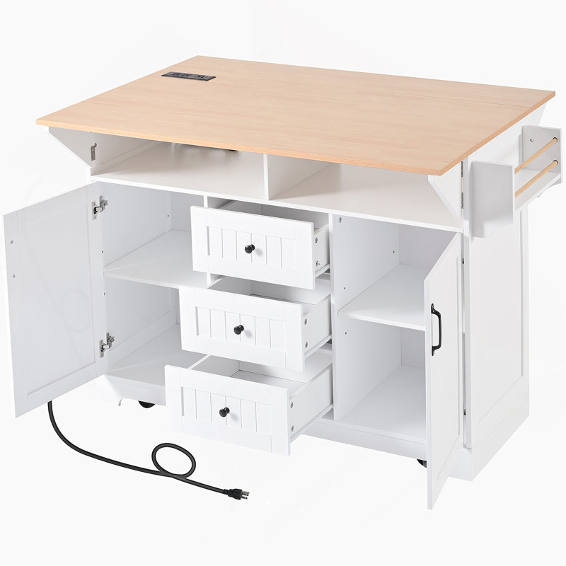 55.7'' Large Kitchen Island With 2 Drop Leaf,, Rolling Kitchen Cart On 5 Wheels With Power Outlet, Folding Storage Dining Table With Spice & Towel Rack , 3 Drawers, For Kitchen, Dining Room,White