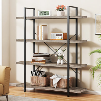 Heavy Duty Industrial Bookcase, 47" Wide Wood Bookshelf for Home Office, 120lbs Shelf Capacity, Rustic Shelving Display with Reinforced Horizontal She
