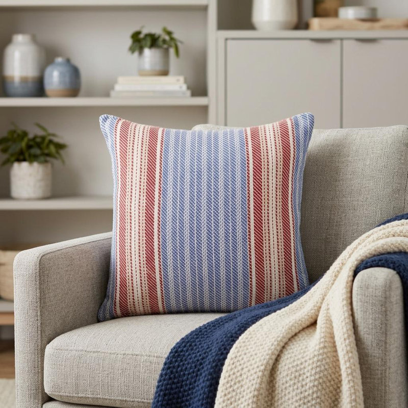 16" Blue and Red Striped Cotton Throw Pillow