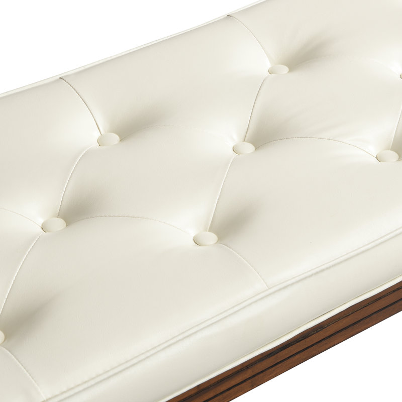 Valmont Mid-Century Modern PU Leather Button-Tufted Upholstered Bench with Gold-Accent Legs, Beige