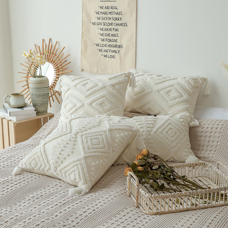 Housse de coussin en coton oho chic, touffetée et brodée, 18 x 18 pouces