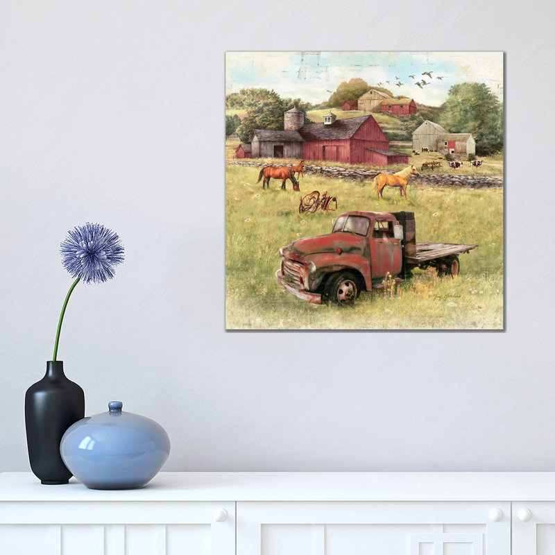 Barns and Old Truck par Greg & Company - Reproduction, Pas de tapis, H 18 po x l 18 po x 1,5 po, Toile tendue