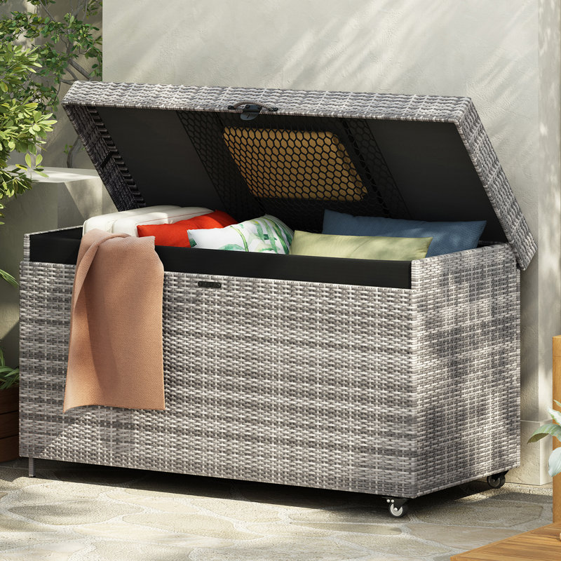 200 Gallon All-Weather Outdoor Storage Box, Wicker Deck Box With Wheels, Gray
