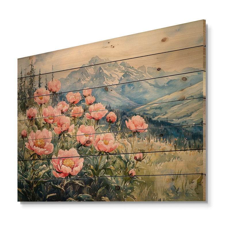 Pivoines dans les hautes prairies III - Décoration murale en bois de pivoines - sur bois de pin naturel