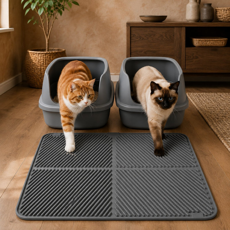 Gray 30 x 23 in large silicone litter box pad with waterproof construction, a raised edge, a paw-gentle trapping surface, and an easy-clean design.