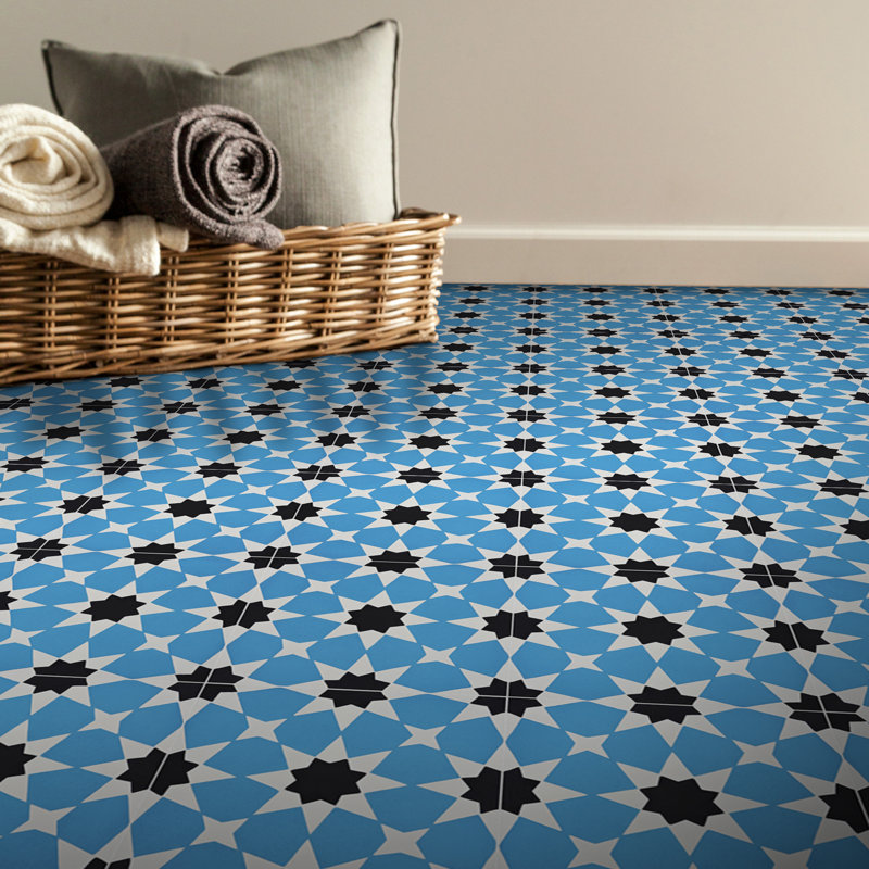 Carreau de ciment à motif pour mur et plancher de 8 po x 8 po Medina, Bleu / blanc / noir