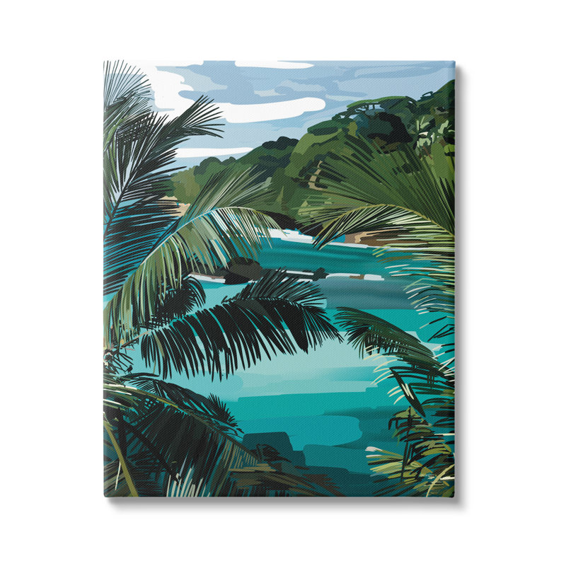 «Tropical Ocean Inlet Lush Palm Tree Hills» par Amelia Noyes - Peinture, H 40 po x l 30 po x P 1,5 po, Toile tendue