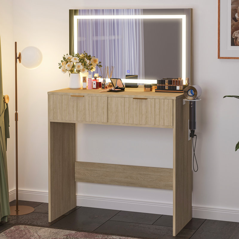 Meuble-lavabo moderne cannelé avec grand miroir DEL, 2 tiroirs, 3 modes d'éclairage réglables, prise de courant, Jaune