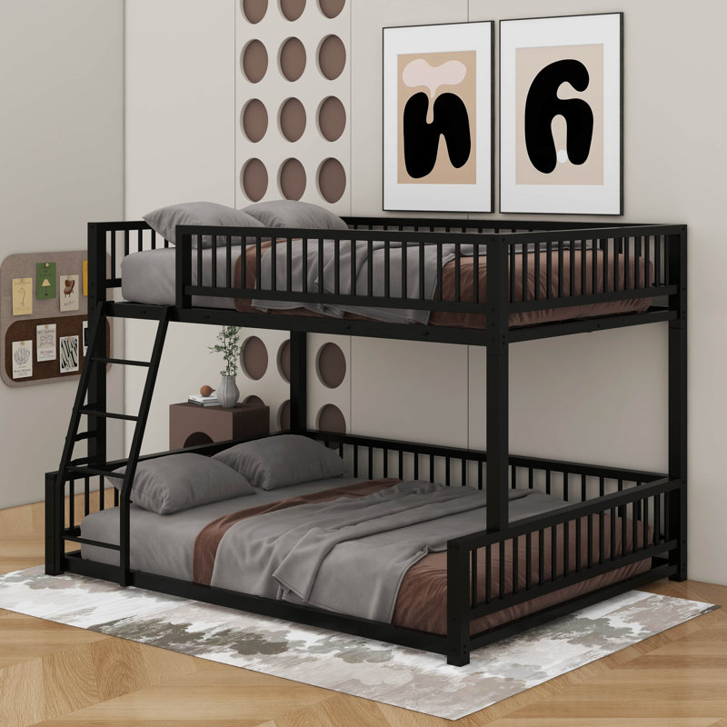 Full XL Over Queen Floor Bunk Bed Frame With Ladder, Black, Full XL Over Queen