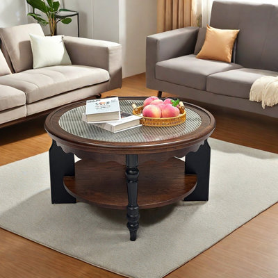 Table basse rétro en bois massif de chêne rouge rond