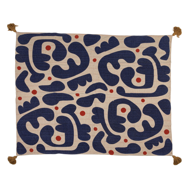 Woven Cotton Blend Throw With Abstract Design, Stripes And Tassels