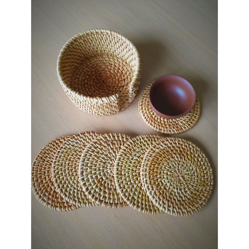 Sous-verres ronds japonais en rotin. (Ensemble de 6 pièces)