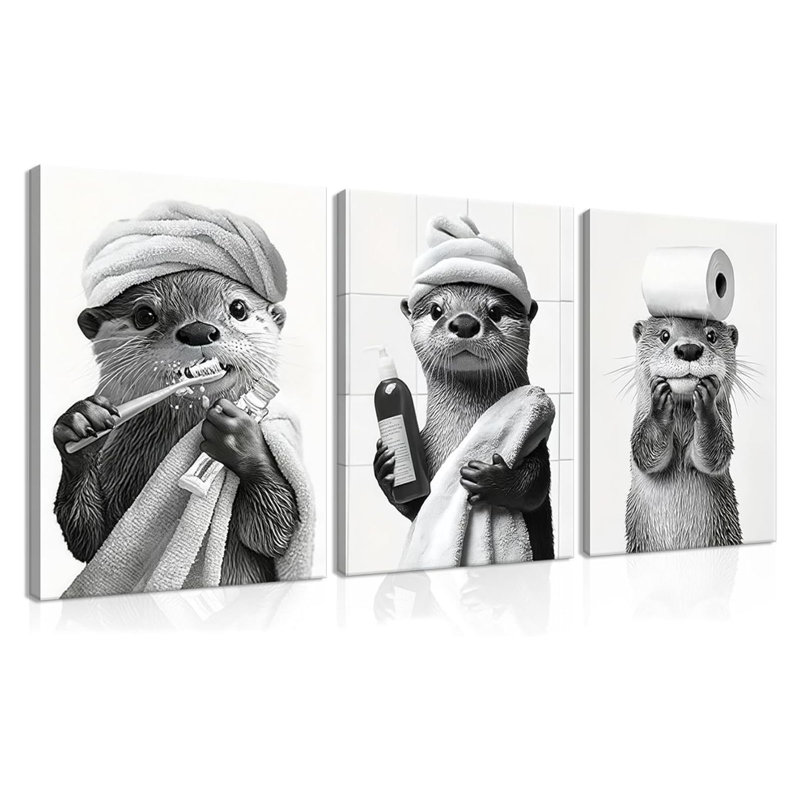Adorable ensemble de 3 impressions murales sur toile, loutre noir et blanc