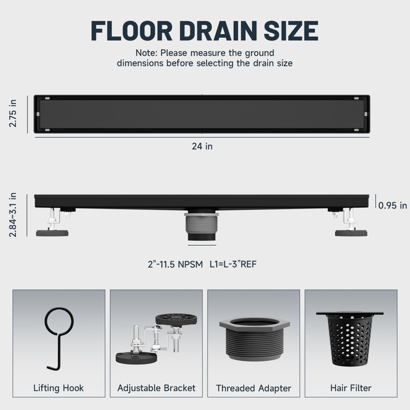 Drain linéaire de 24 po en acier inoxydable 304 pour un drainage rapide, drain de plancher pour salle de bain en noir mat