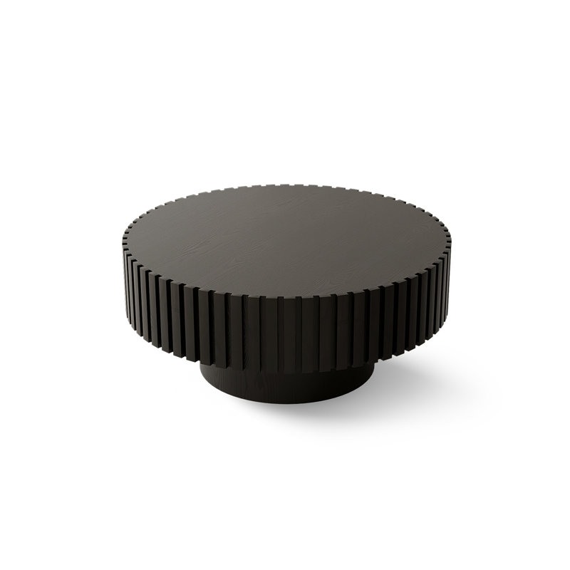 31.5" Handcrafted Relief Round Wooden Coffee Table | Sturdy Pedestal Base, Decorative Tea Table for Living Room, Black
