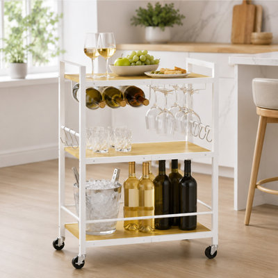 Chariot de bar à 3 niveaux, rangement de cuisine à roulettes avec casier à vin et porte-verres