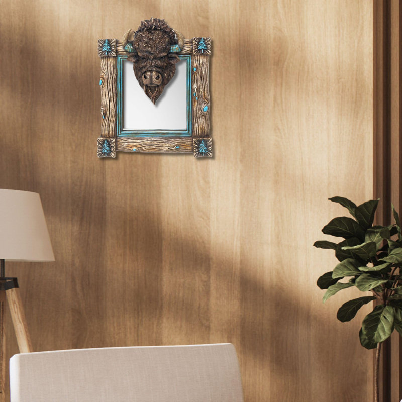 Rustic Faux Wood Bison Bust Mirror - Southwest & Native American Inspired