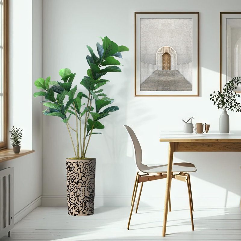Arbre artificiel en pot moderne Ficus Lyrata, Brun clair abstrait, H 66 po x l 13 po x P 13 po