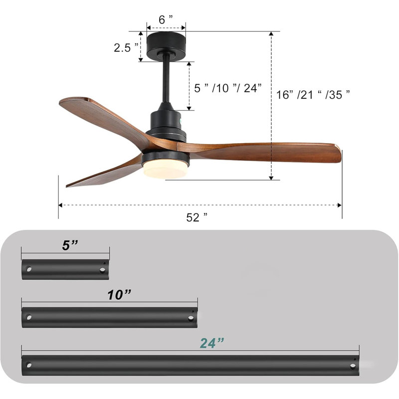 52 Inch Ceiling Fan With Dimmable Led Light 6 Speed Remote 3 Wood Blade Reversible DC Motor For Bedroom, Black, Walnut Wood