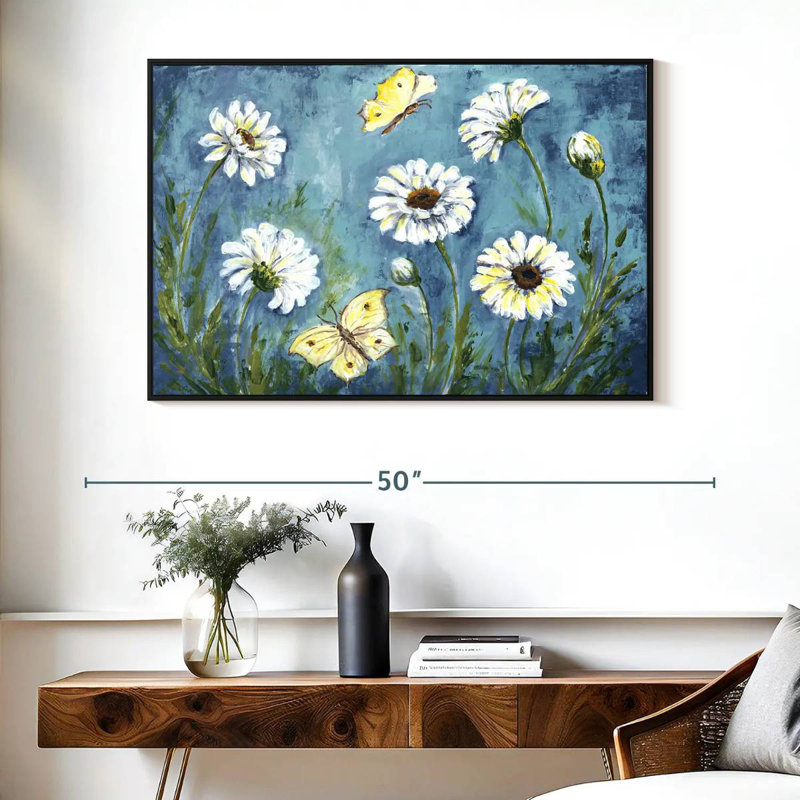 Daisies And Butterfly Meadow, Floating Frame Black, 40" X 27"