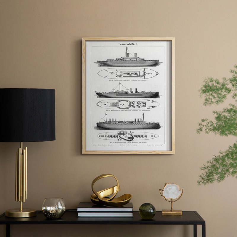 Reproduction encadrée de bateau industriel - bois massif, Naturel, H 15 po x l 12 po