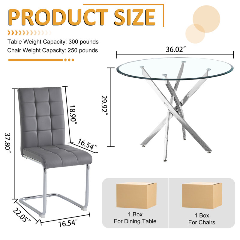 5- Piece Dining Table Set,Glass Top Metal Base Dining Tablewith 4 Faux Leather Dining Chairs, Silver, Gray/Silver
