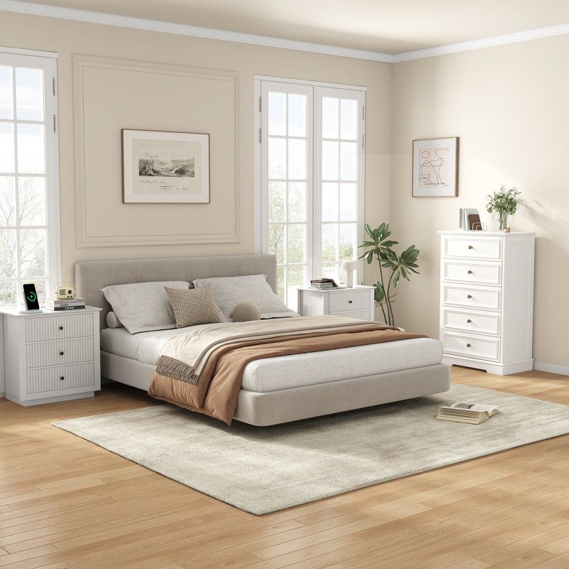 Ensemble de rangement vintage 3 pièces pour chambre à coucher comprenant une commode haute à 5 tiroirs et 2 tables de chevet
