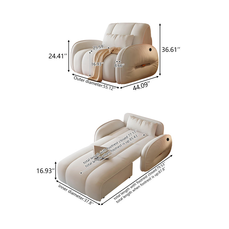 Canapé-lit inclinable électrique de style crème pliable de 55,12 po avec ports de chargement USB