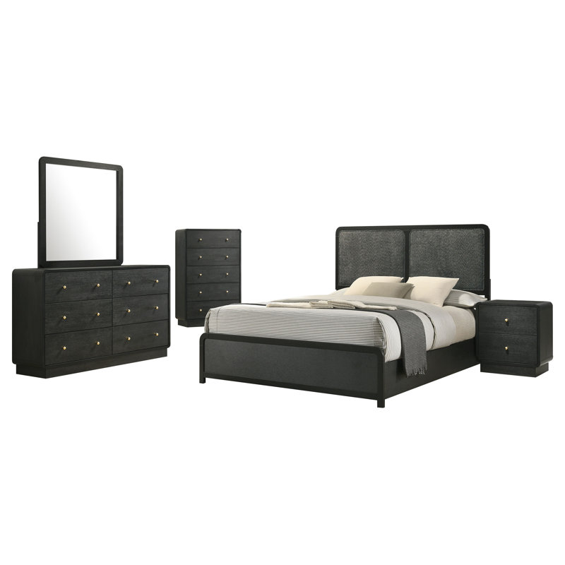 Alvarado 5-Piece Full Bedroom Set Black, Full, 5 Pcs: Bed, Nightstand, Dresser, Chest, Mirror