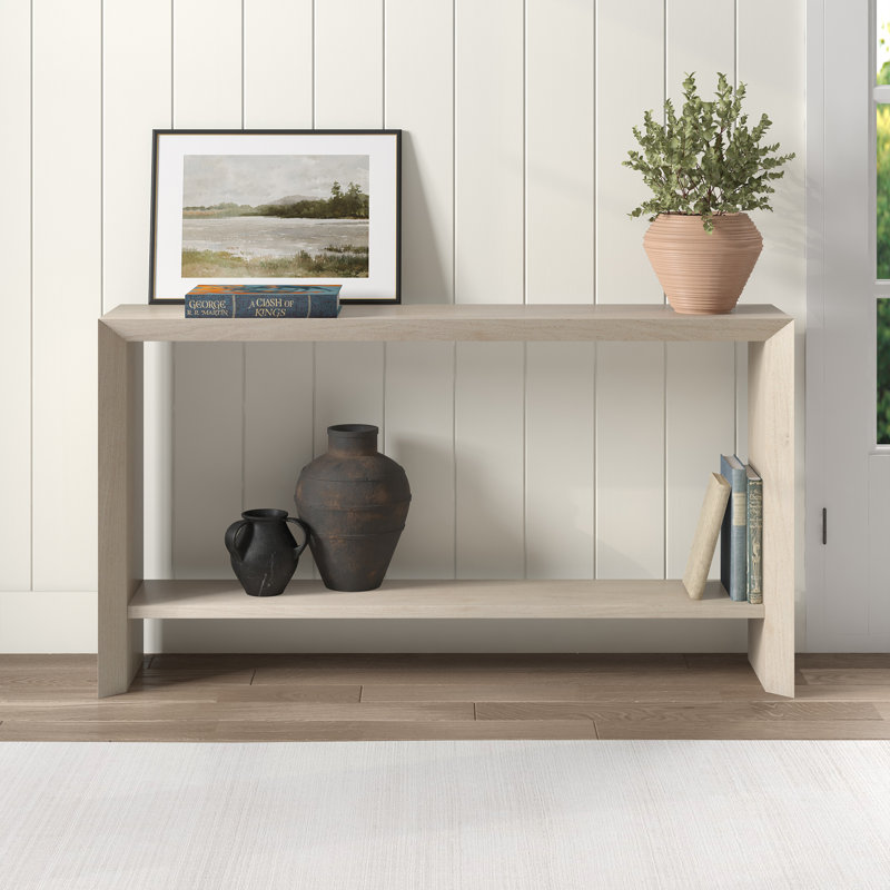 Osman Rectangular Console Table in Antiqued Grey Oak, 30" H x 55" W x 11.63" D, White