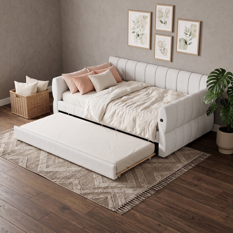 Grand lit de jour rembourré avec ports USB intégrés et lit gigogne, Blanc