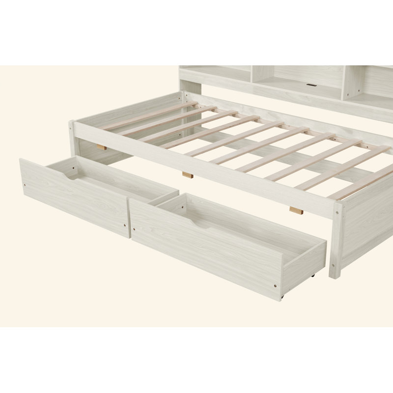 Structure de lit simple avec tablettes latérales, deux tiroirs et port USB intégré, Blanc crémeux