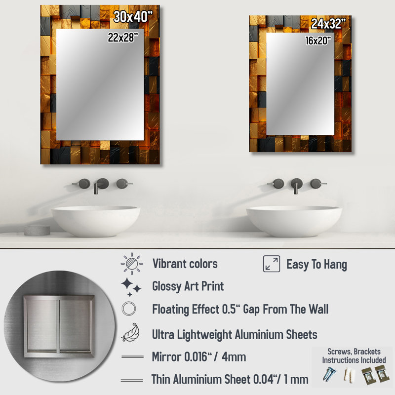 Grunge Gold Cubes Abstract Geometric IV - Geometric Decorative Mirror, Modern Large Wall Mirror, Printed Metal Art, 32" x 24"