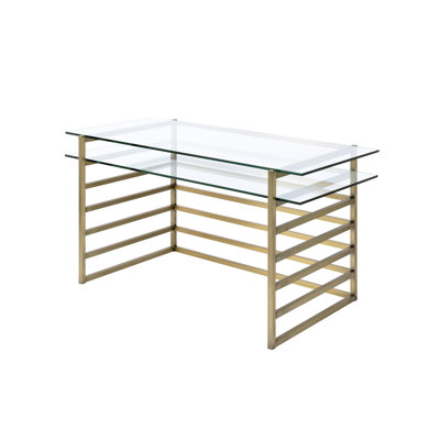 Rectangular Writing Desk In Contemporary Fashion, Clear Glass Top, Antique Gold Metal Sled Base, Storage Compartment With Finish Single For