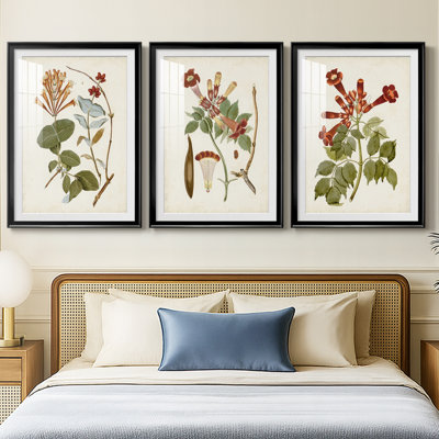 Arbres à fleurs rétro IV - reproduction encadrée de qualité supérieure sur mesure mat - 3 pièces