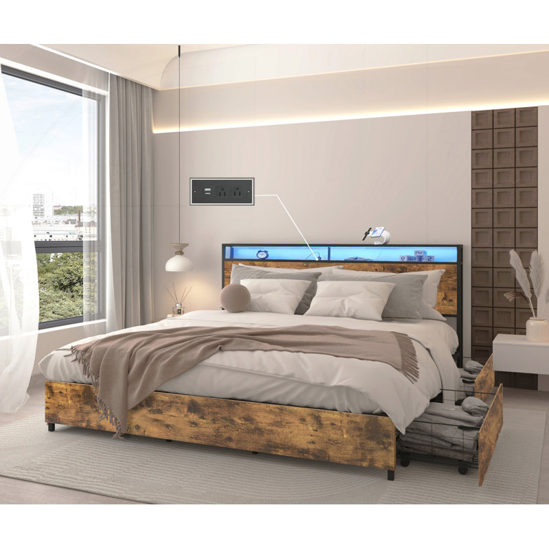 Lit de rangement avec station de charge, Brun rustique, Grand lit