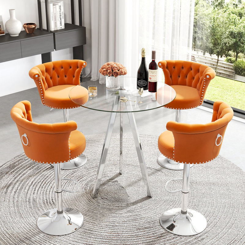 Ensemble de table ronde en verre à hauteur réglable avec tabouret de bar et tabouret de bar, Orange