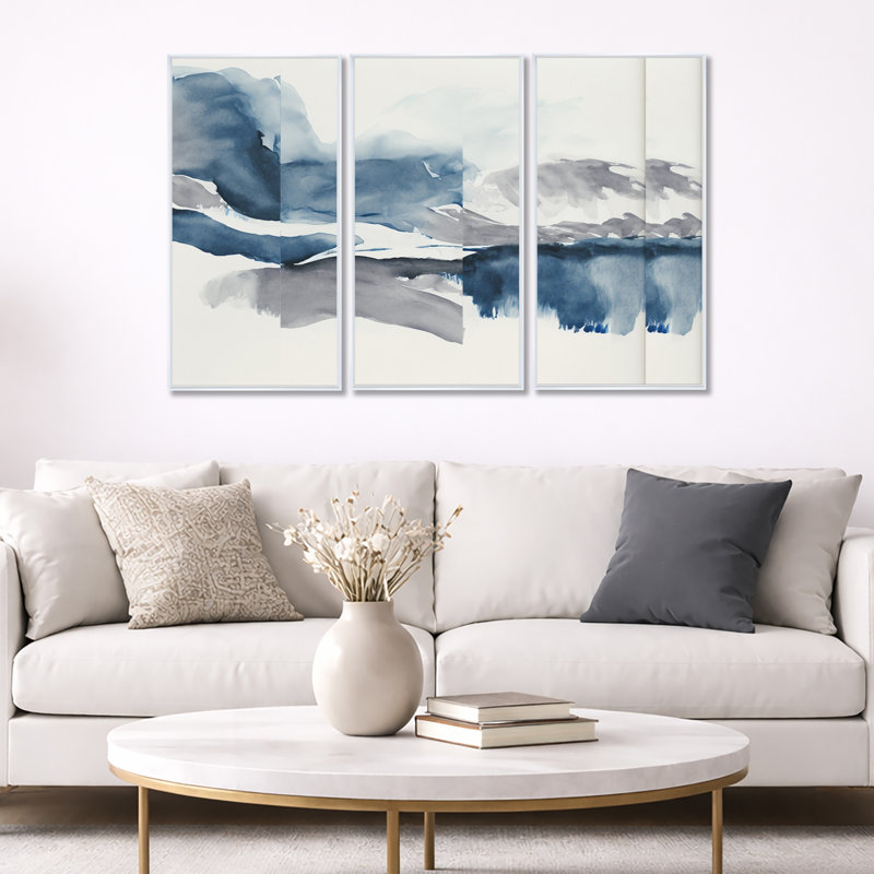 «Through The Sapphire Blue Clouds I», reproduction sur toile 3 pièces, Cadre flottant blanc, H 32 po x l 48 po