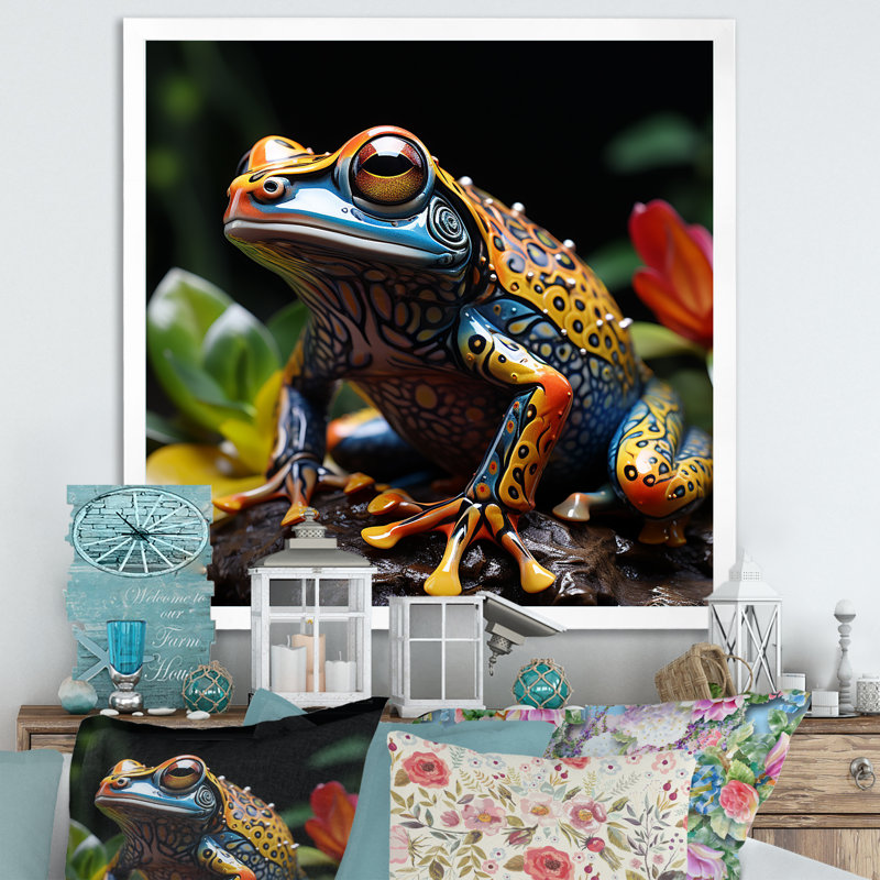 «Multicolor Frog Portait Glass I», reproduction sur toile, Cadre simple blanc, H 30 po x l 30 po x P 1 po
