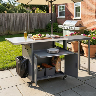 Outdoor Kitchen Island Cart With Foldable Side Table, Storage Cabinet, Rolling Prep Station On Wheels