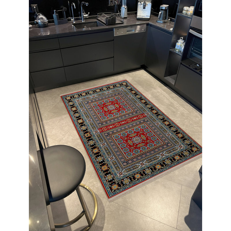 Tapis bleu en polypropylène à imprimé numérique Wimjan, Rectangle 2 pi 8 po x 5 pi
